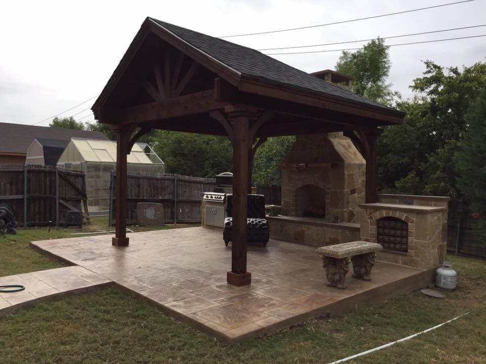 pergola and outdoor fireplace